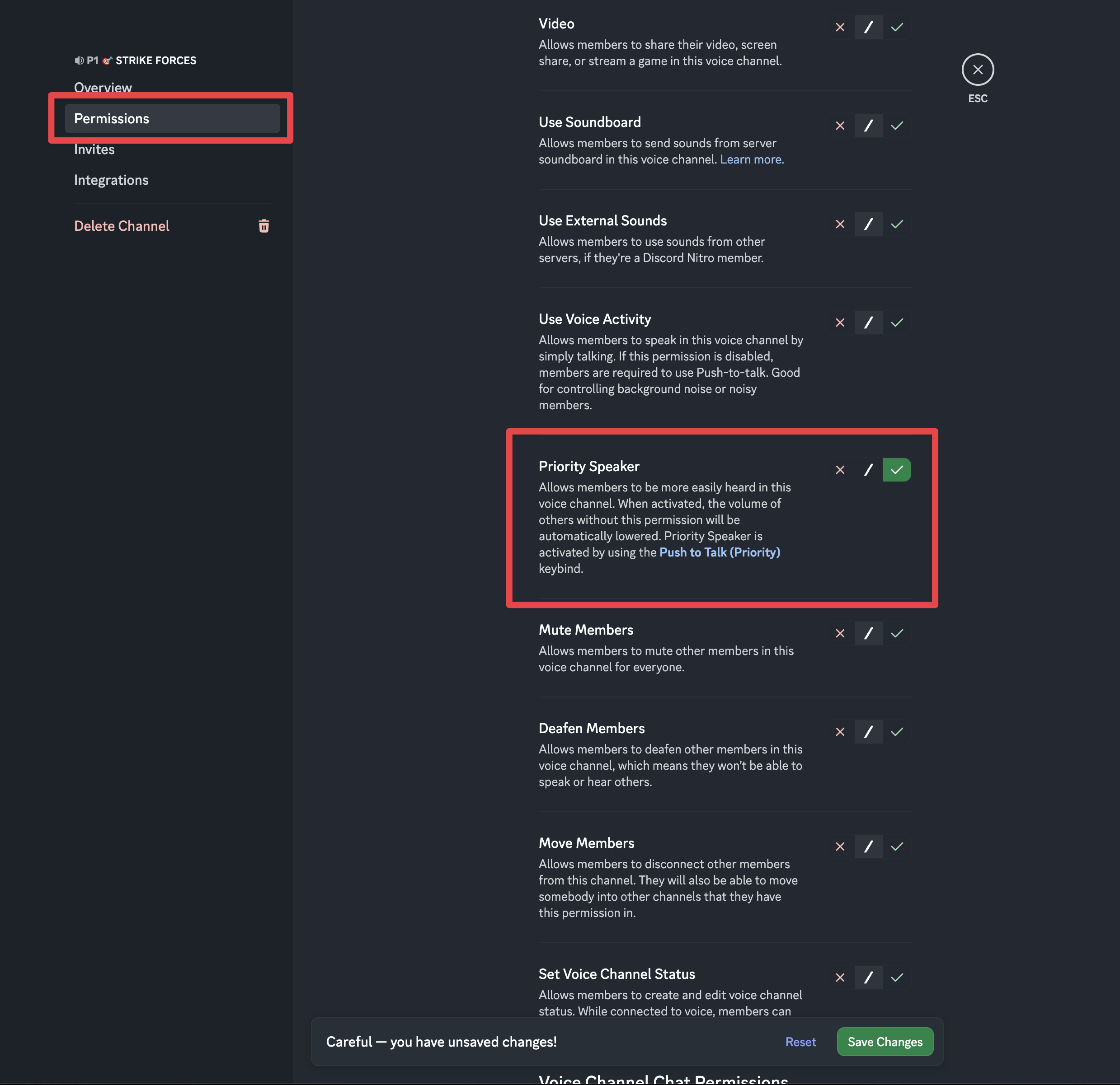 Discord voice channel permission override with Priority Speaker allowed for the Squad Leader role