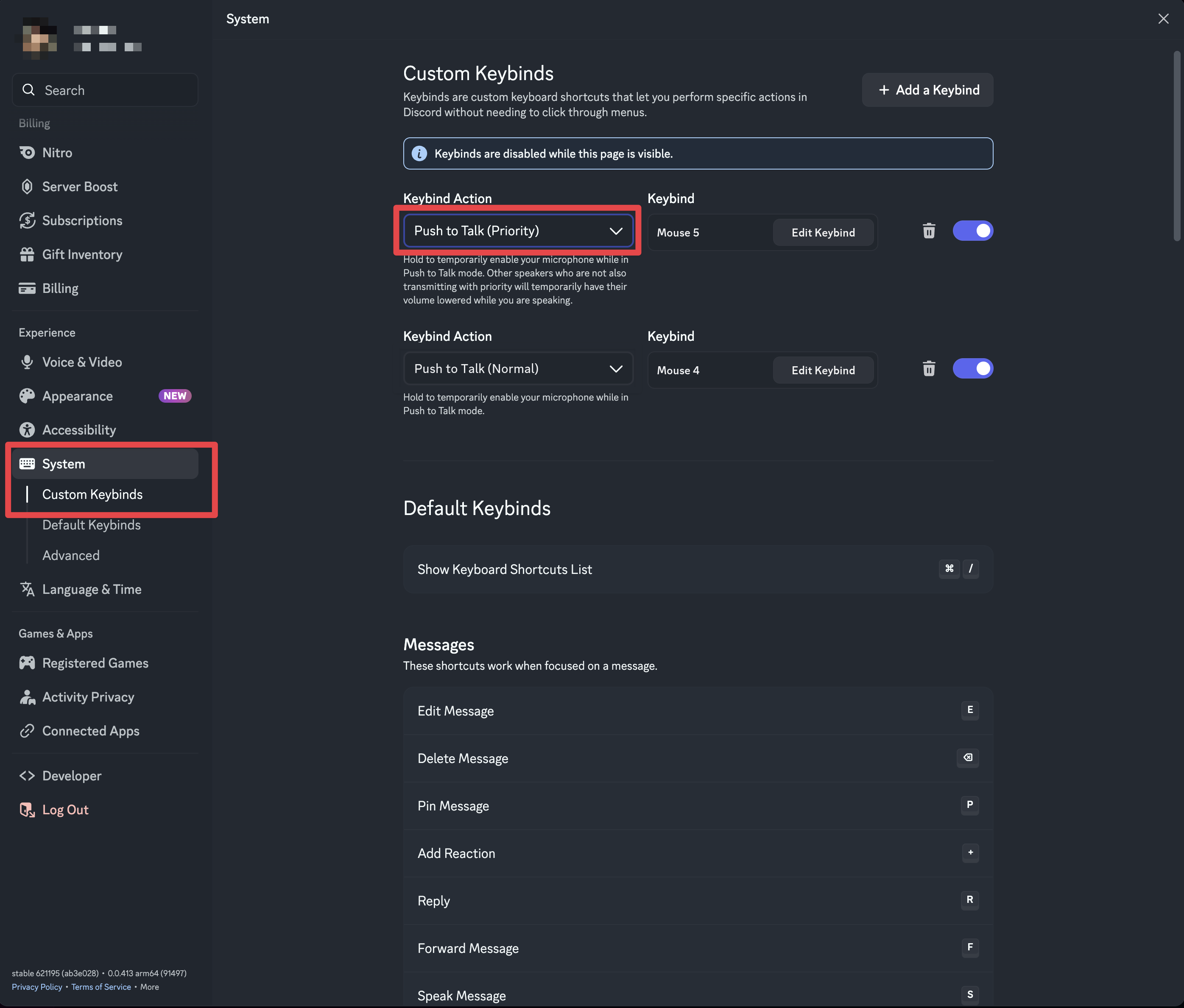 Discord Custom Keybinds with Push to Talk (Priority) on Mouse 5 and Push to Talk (Normal) on Mouse 4